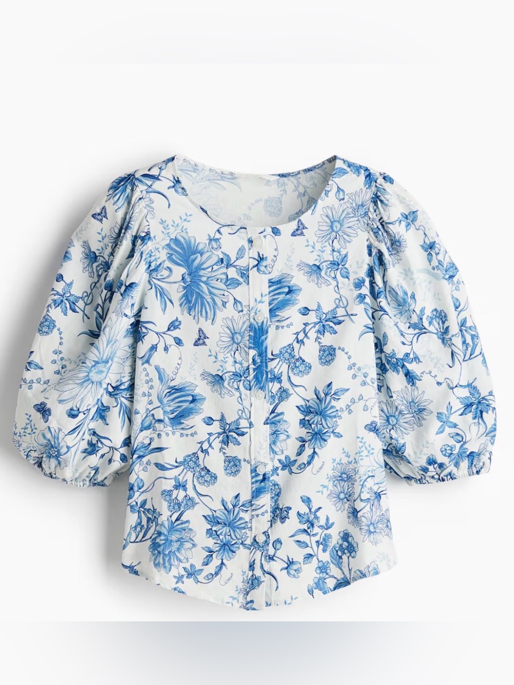 H&M Linen Blend Vintage Inspired Toile Floral Balloon 3/4 Sleeve Blouse XS